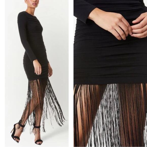 Alice + Olivia Katherina Long Sleeve Ruched Fringe Black Midi Dress Size 0 - Picture 4 of 10